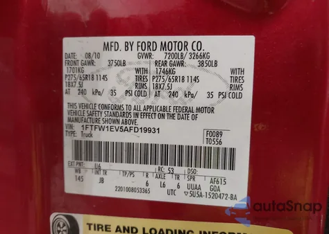 2010 Ford F-150 Fx4/Harley-Davidson/King Ranch/Lariat/Platinum/Xl/Xlt из США, поврежденный, VIN 1FTFW1EV5AFD19931